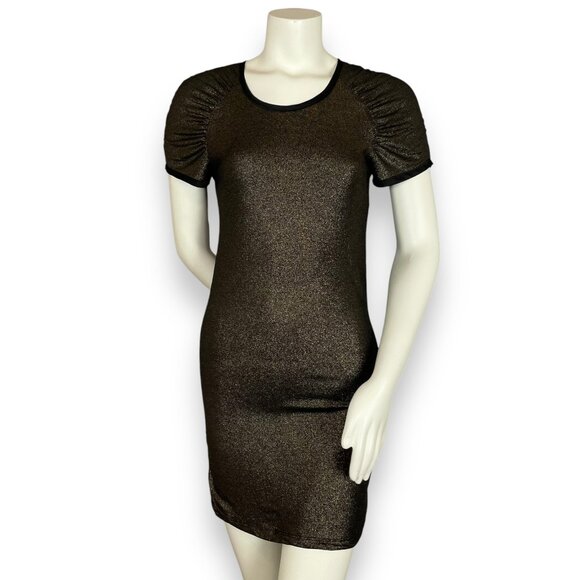 Ann Taylor Metallic Dress Gold Black Short Sleeve Gathered Sleeve Size‎ Medium - Picture 1 of 13